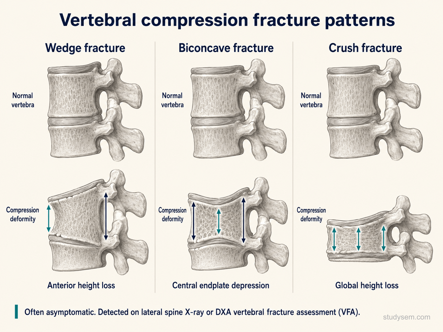 Lateral vertebral schematic comparing the three fragility fracture morphologies: wedge fracture with anterior vertebral height loss and posterior height preservation; biconcave fracture with central endplate depression; and crush fracture with global height loss across the vertebral body