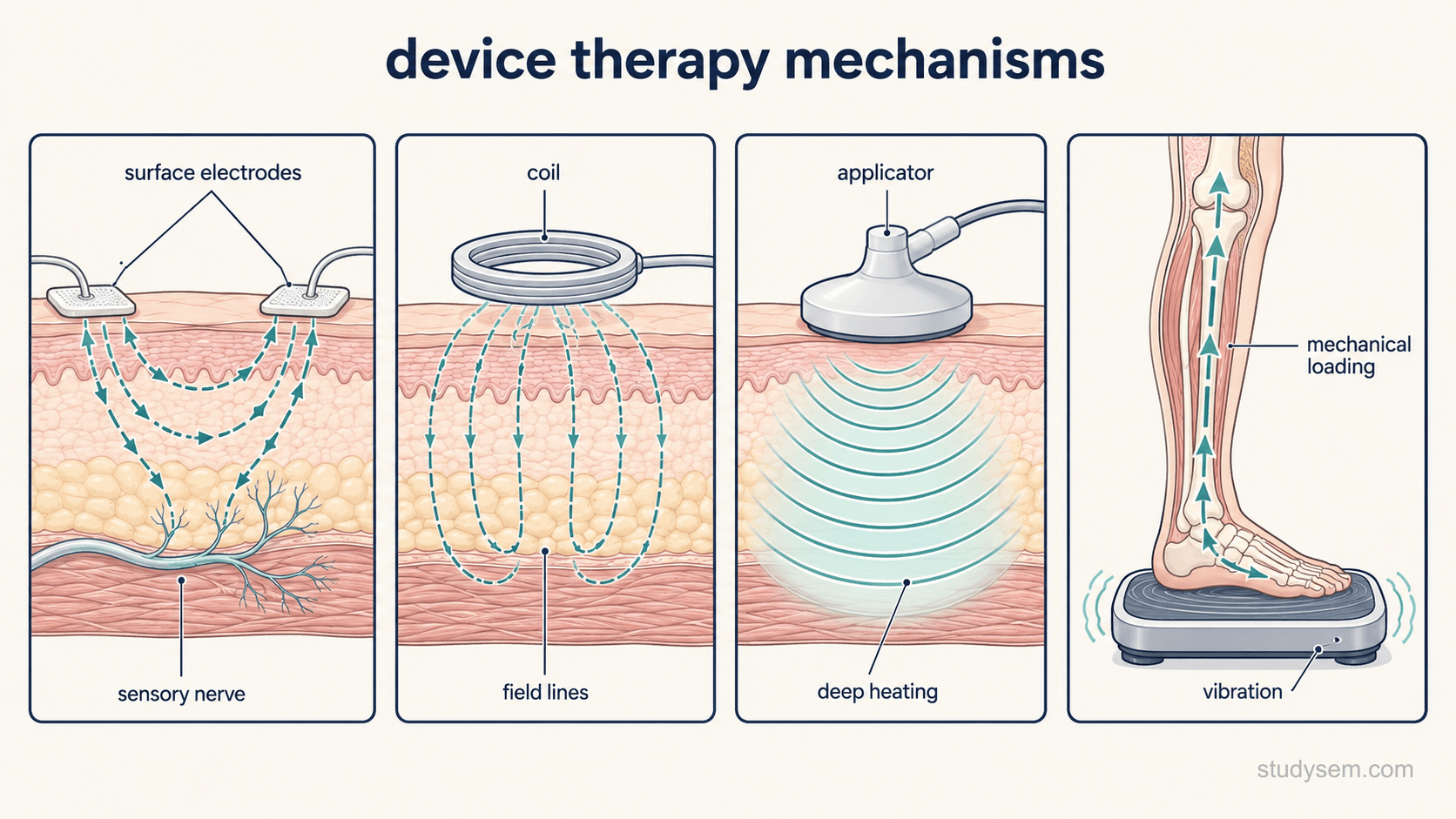 Four simple mechanism panels arranged across a cream background, each showing a cross-section of skin and underlying tissue with the relevant device applied. Panel one, electrical stimulation, shows surface electrodes with current flowing between them and a nerve fibre highlighted beneath. Panel two, electromagnetic, shows a coil over the tissue with field lines passing through it and no electrodes. Panel three, thermal, shows a diathermy applicator with heat marks distributed through the deeper tissue. Panel four, mechanical, shows a vibrating plate under a foot with small motion arrows travelling up through the limb. Labels only: surface electrodes, sensory nerve, coil, field lines, applicator, deep heating, vibration, mechanical loading.