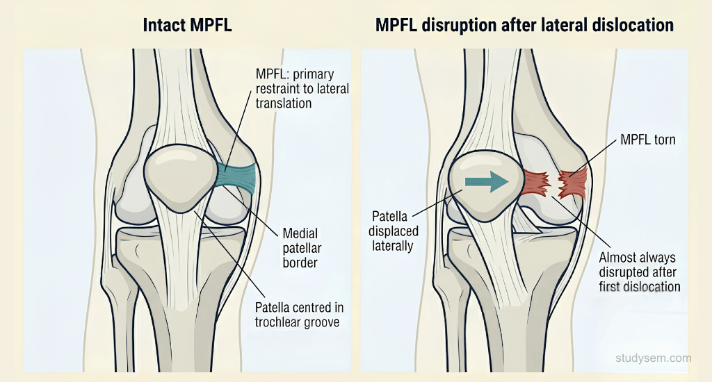 Anterior knee diagram showing intact MPFL restraining lateral patellar translation compared to disrupted MPFL after lateral dislocation