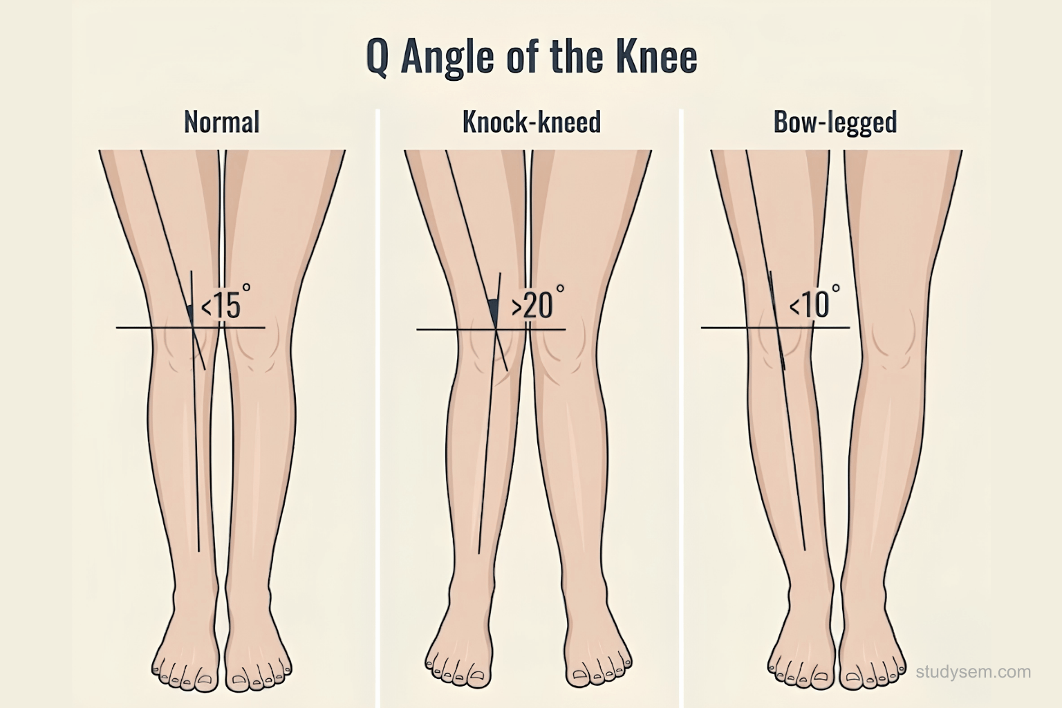 Q-angle measurement diagram showing line from ASIS to patella centre to tibial tubercle with normal and increased angles