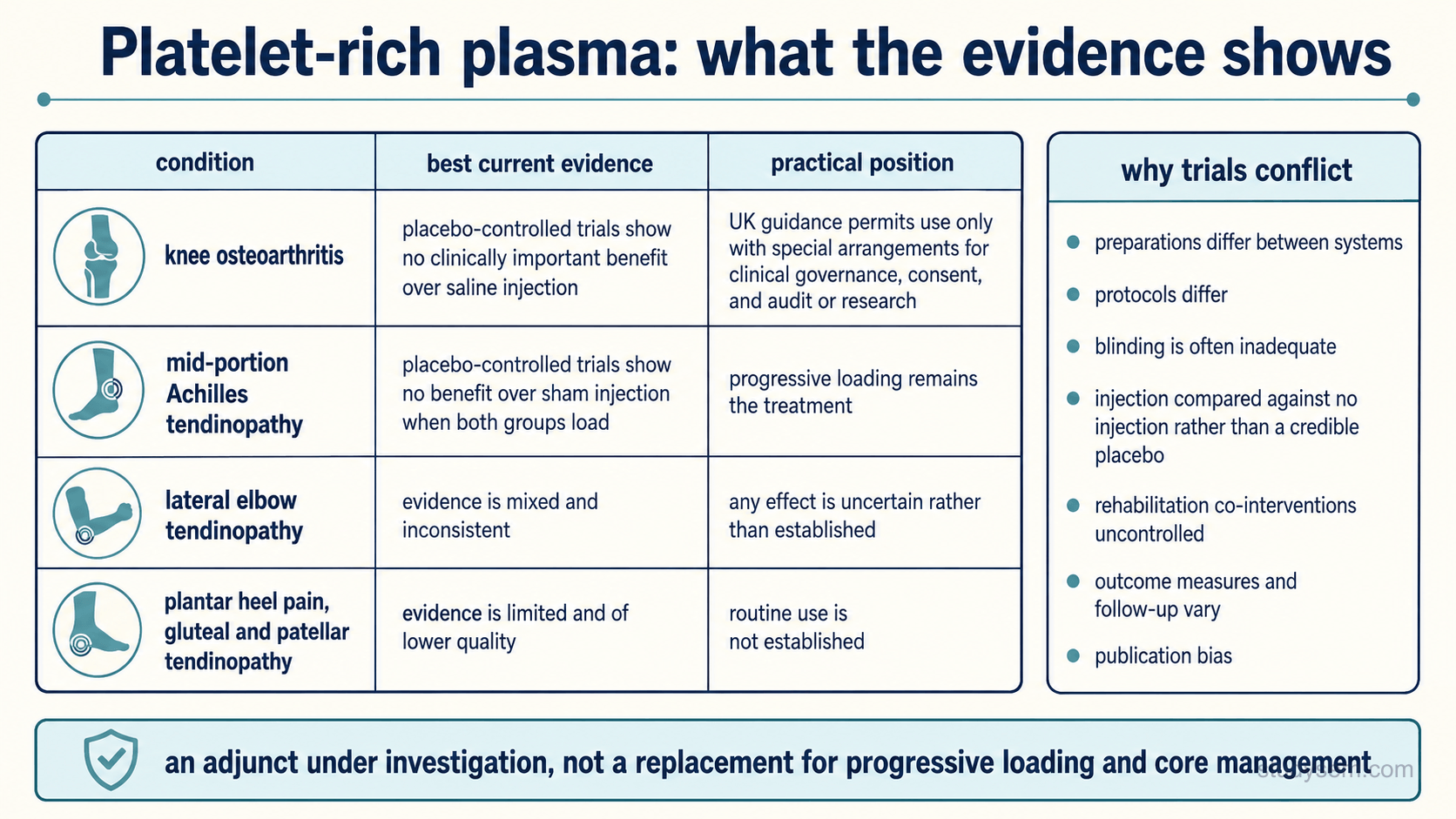 An educational figure titled 'PRP: what the evidence shows'. A central bordered table with three columns headed 'condition', 'best current evidence' and 'practical position'. Row one, knee osteoarthritis: a large rigorous placebo-controlled trial found no clinically important symptomatic or structural benefit over saline, while the wider evidence remains heterogeneous; UK guidance describes efficacy evidence as limited in quality and requires special arrangements for clinical governance, consent, and audit or research. Row two, mid-portion Achilles tendinopathy: placebo or sham-controlled trials of single-injection protocols found no meaningful advantage over placebo when both groups load; progressive loading remains core treatment. Row three, lateral elbow tendinopathy: evidence is mixed, and apparent superiority over corticosteroid at later follow-up does not establish efficacy over placebo, because corticosteroid is an active comparator with its own time-dependent course. Row four, other tendinopathies including plantar heel pain, gluteal and patellar tendinopathy: evidence varies by condition and protocol but remains insufficient to establish routine use. A separate bordered panel headed 'why trials conflict' lists preparations differing between systems, differing protocols, inadequate blinding, weak comparators, uncontrolled rehabilitation co-interventions, and varying outcome measures and follow-up.