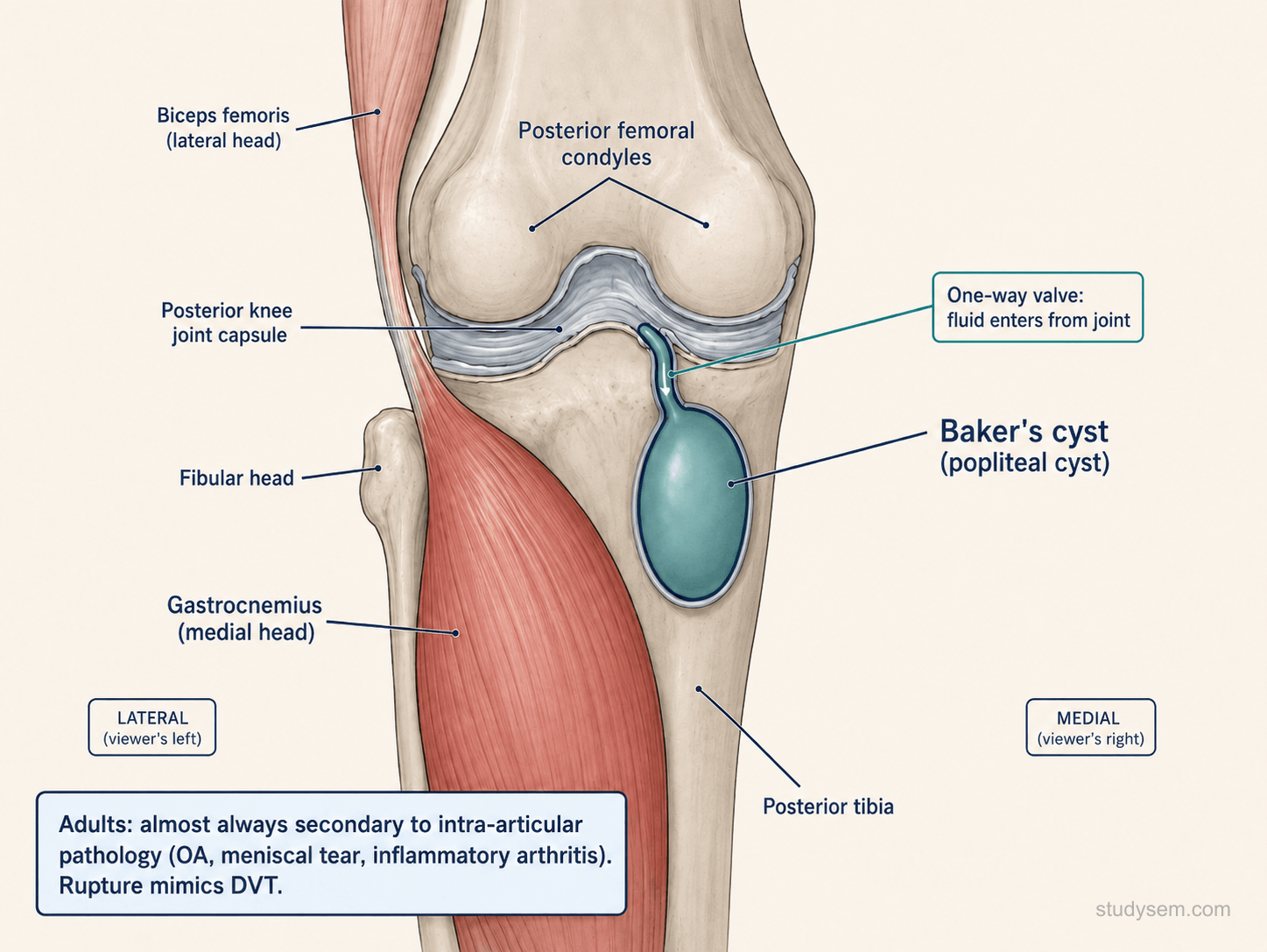 Posterior view of knee showing Baker's cyst between gastrocnemius and semimembranosus communicating with the knee joint