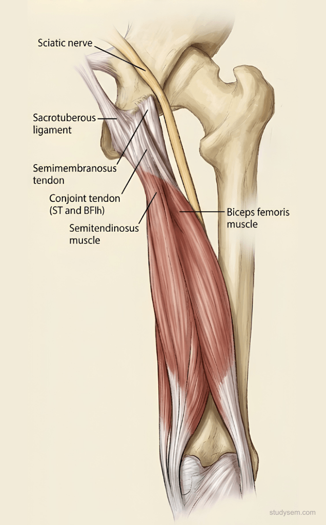 Posterior view of the ischial tuberosity showing proximal hamstring tendon origins with the sciatic nerve coursing in close proximity