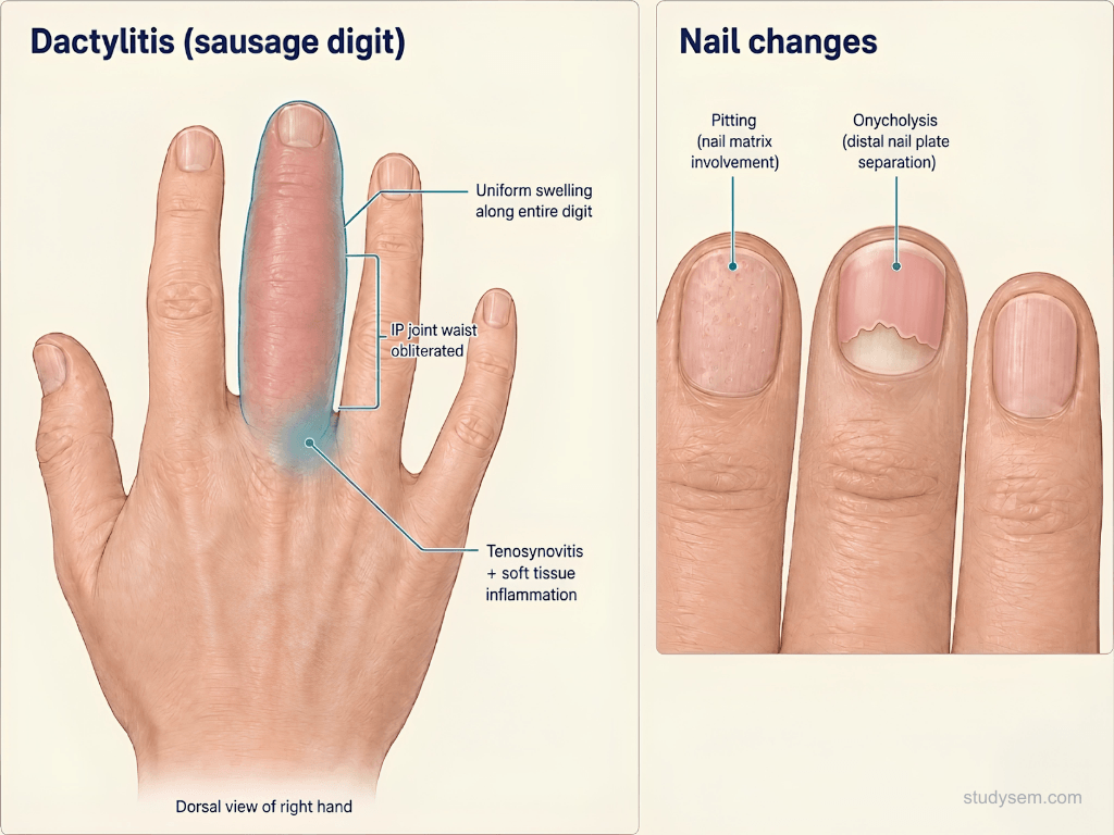 Clinical photographs of dactylitis with diffuse uniform swelling of an entire digit (sausage finger), alongside nail dystrophy showing pitting and onycholysis characteristic of psoriatic arthritis