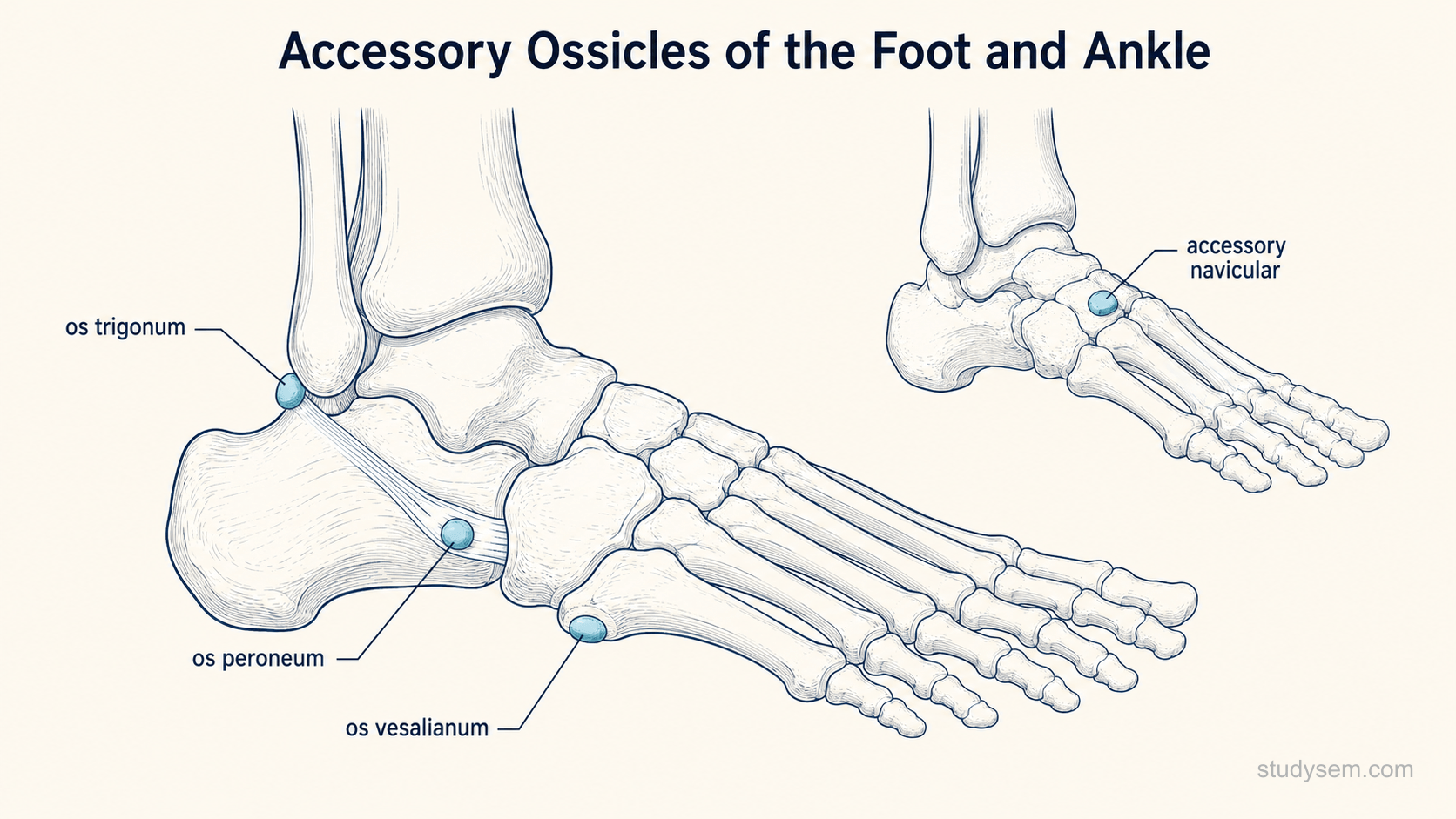 A labelled illustration of the bones of the foot and ankle in lateral and oblique views, marking the common accessory ossicles in their typical positions: the os trigonum behind the talus at the posterior process, the accessory navicular at the medial side of the navicular near the tibialis posterior insertion, the os peroneum within the peroneus longus tendon near the cuboid, and the os vesalianum at the base of the fifth metatarsal, each shown as a small well rounded separate ossicle.