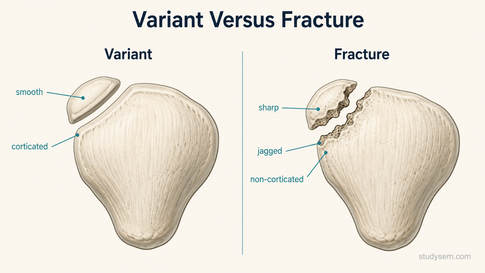 A side by side comparison illustration of the knee showing two versions of a separate bone fragment at the superolateral corner of the patella. On the left, a bipartite patella variant with a smooth, rounded, fully corticated margin along the separate fragment. On the right, an acute patellar fracture with a sharp, irregular, non corticated fracture line, matching jagged edges and a corresponding defect in the parent bone, to contrast the two.