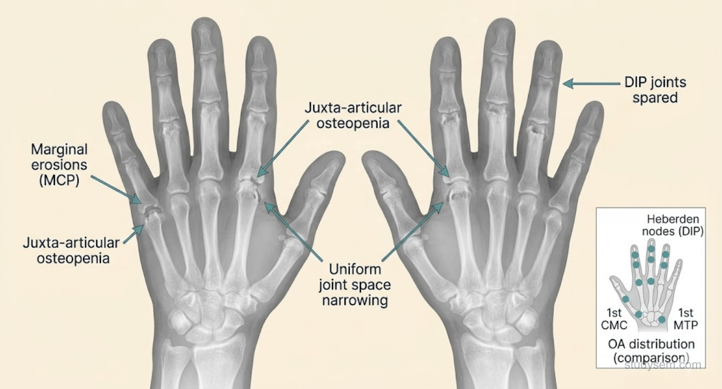 AP hand radiograph showing rheumatoid arthritis distribution with symmetrical involvement of the MCP and PIP joints and sparing of the DIP joints, contrasted with an inset showing the typical OA distribution (DIP and PIP nodes, first CMC involvement)