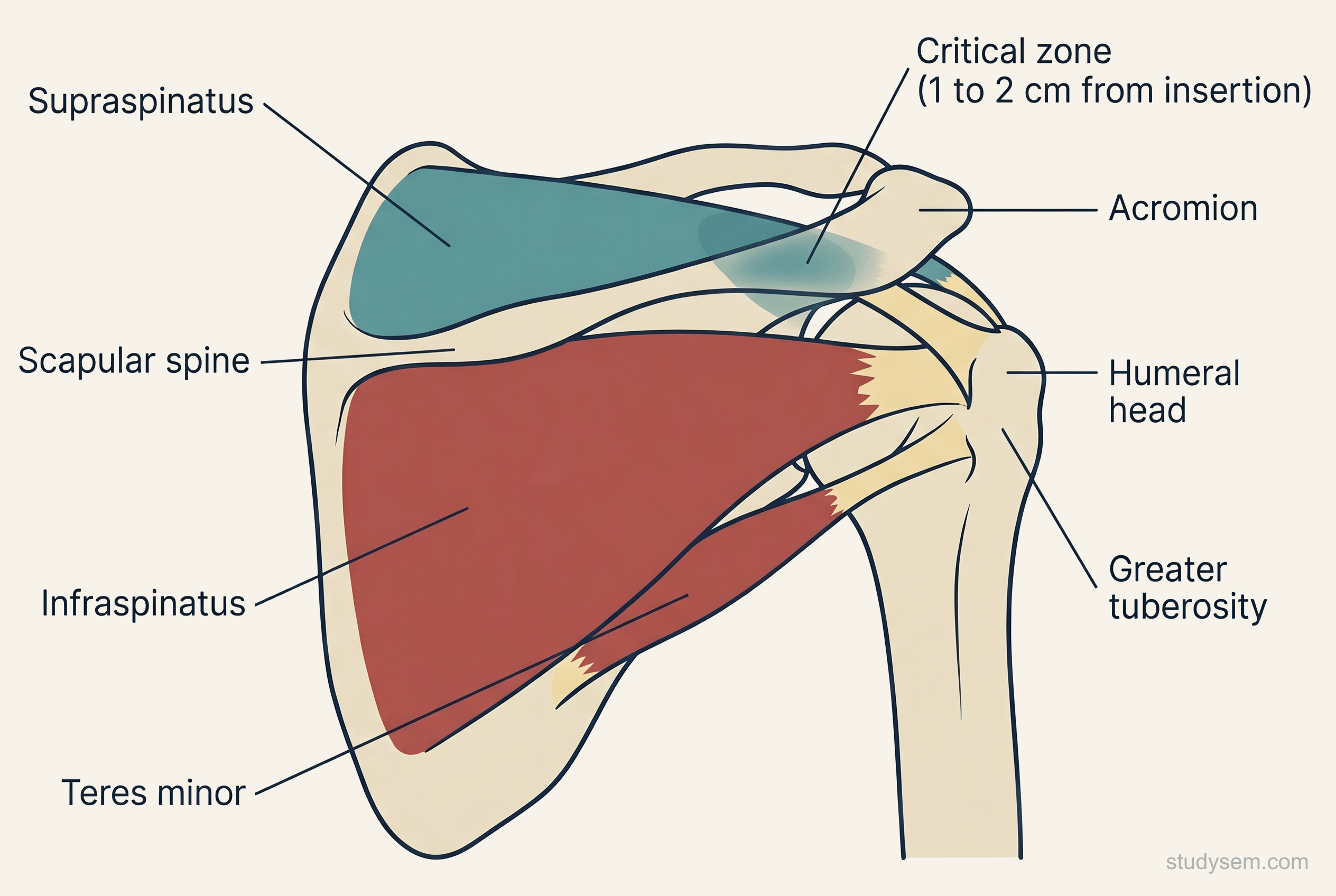 Posterior view of the rotator cuff showing the supraspinatus, infraspinatus, and teres minor muscles, with the supraspinatus critical zone marked 1 to 2 cm from its insertion at the greater tuberosity