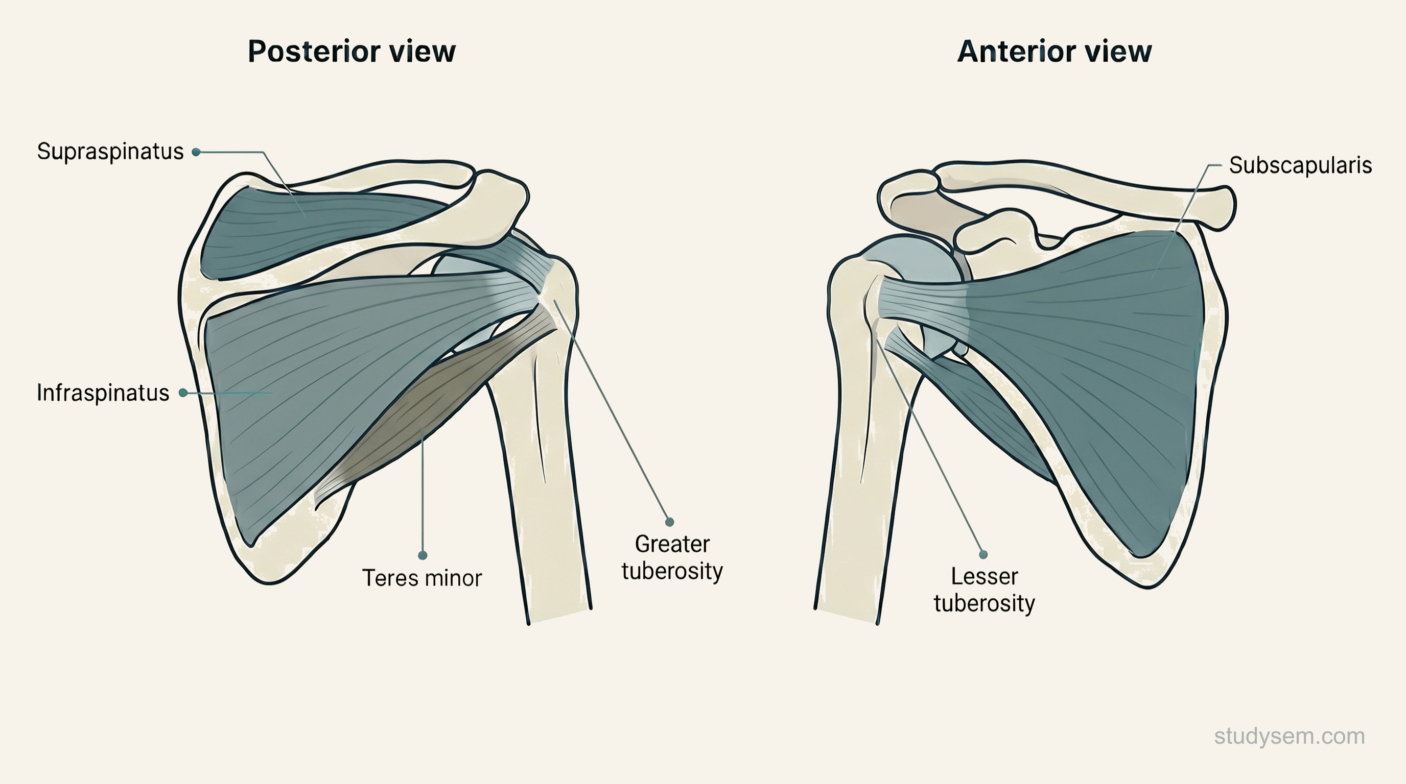 Anatomical diagram of the four rotator cuff muscles converging on the proximal humerus: supraspinatus, infraspinatus, and teres minor inserting on the greater tuberosity; subscapularis on the lesser tuberosity, with the supraspinatus footprint highlighted as the most common site of degenerative tearing.