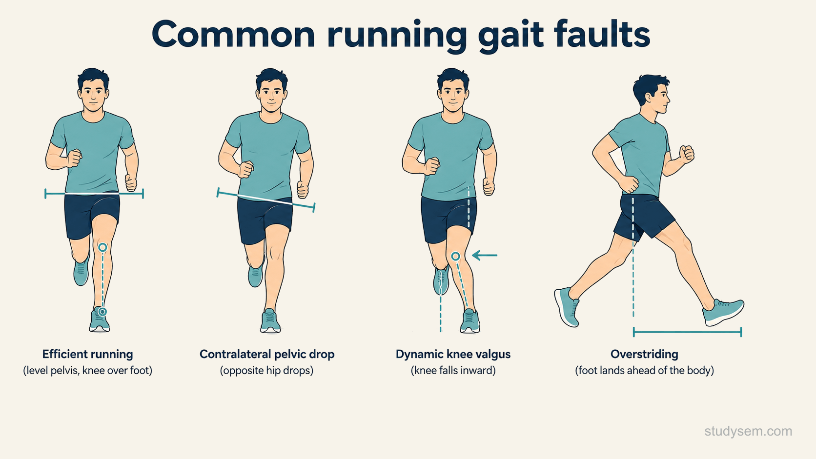 A concept figure comparing efficient running with three common gait faults: contralateral pelvic drop where the opposite side of the pelvis drops during single-leg stance, dynamic knee valgus where the knee falls inward with hip adduction and internal rotation, and overstriding where the foot lands well ahead of the body with an extended knee.