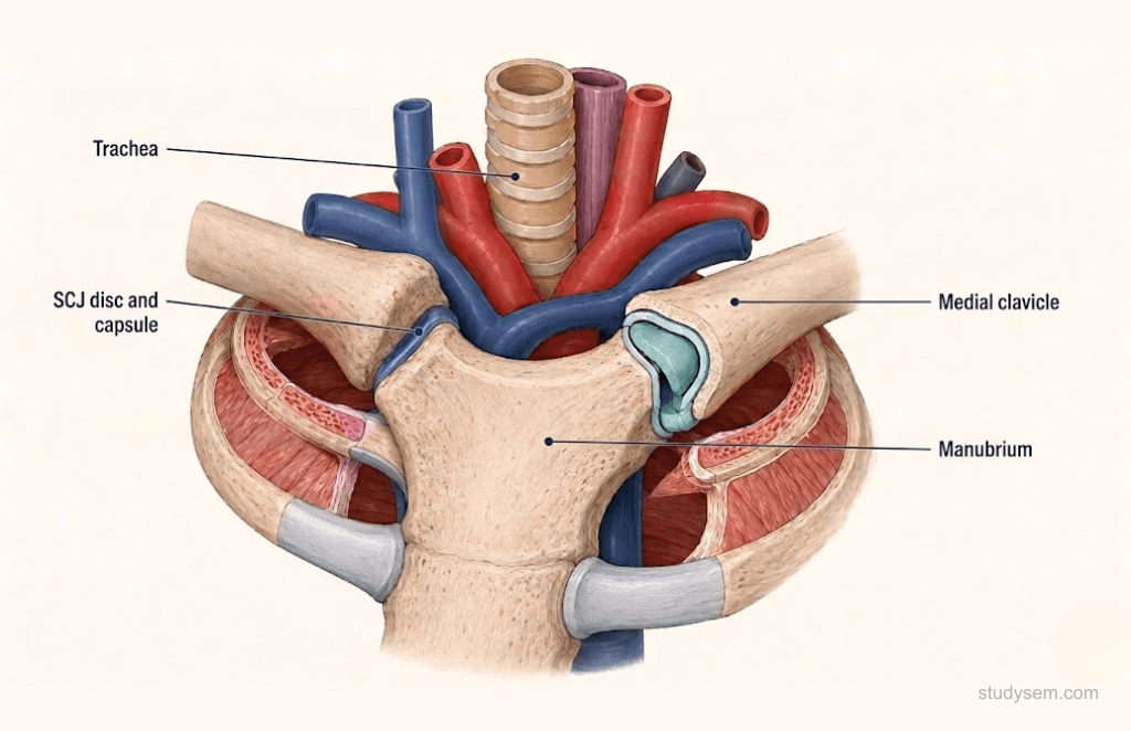 Cross-sectional anatomy of the sternoclavicular joint showing the brachiocephalic vein, trachea, and oesophagus lying directly posterior.