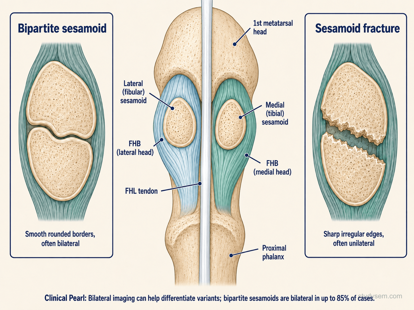 Plantar view of the first MTP sesamoid anatomy comparing a bipartite sesamoid (smooth corticated borders, often bilateral) with an acute sesamoid fracture (sharp irregular fracture edges)