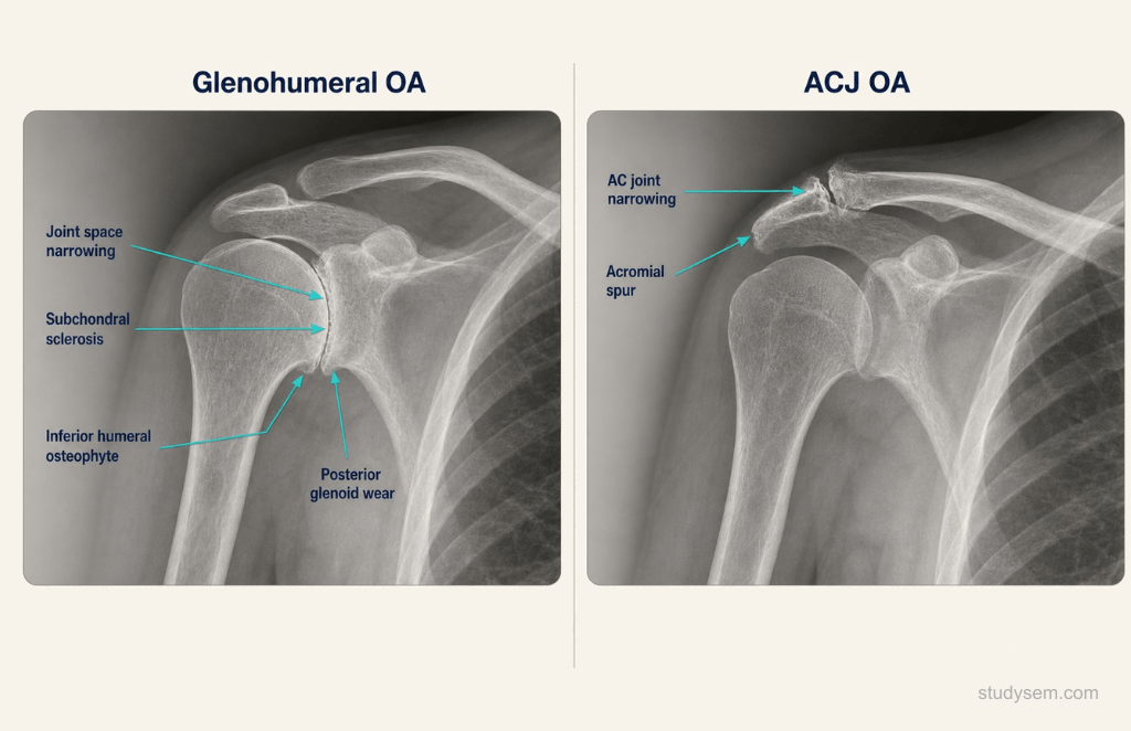 Comparison of glenohumeral osteoarthritis and acromioclavicular joint osteoarthritis on shoulder radiograph with annotated features.