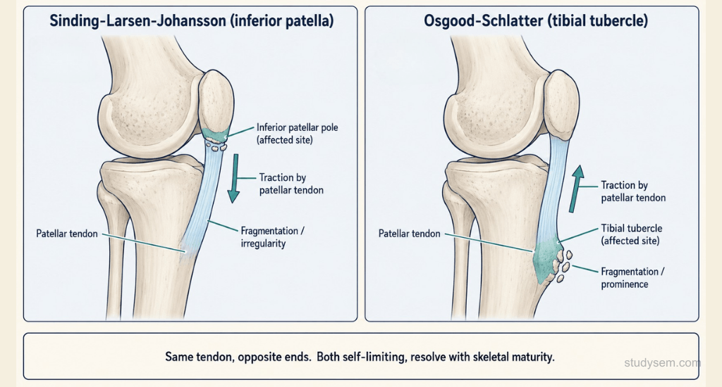Side-by-side lateral knee diagrams comparing Sinding-Larsen-Johansson at the inferior patella with Osgood-Schlatter at the tibial tubercle