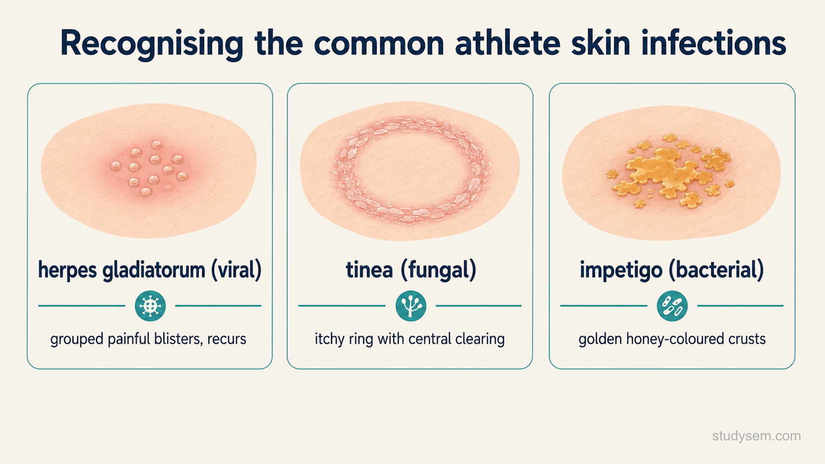 A three-panel schematic comparing the common athlete skin infections: herpes gladiatorum shown as grouped blisters on reddened skin, tinea corporis shown as an itchy ring-shaped scaly plaque with a raised edge and central clearing, and impetigo shown as golden honey-coloured crusts.