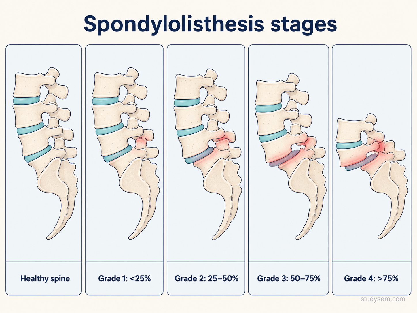 Meyerding classification of spondylolisthesis showing Grade I through V with slip percentages and conservative versus surgical management thresholds