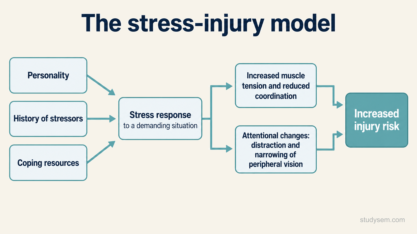 A concept figure of the stress-injury model: three inputs, personality, history of stressors and coping resources, feed into an athlete's stress response to a demanding situation, and that stress response is associated with greater injury risk through two routes, increased muscle tension with reduced coordination, and attentional changes including distraction and narrowing of peripheral vision.
