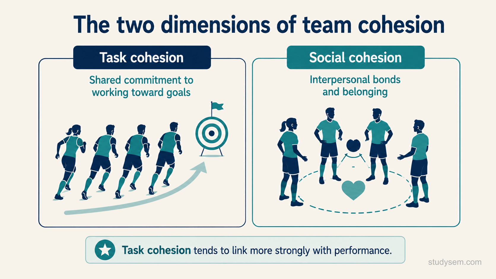 A concept figure showing the two dimensions of team cohesion side by side: task cohesion, illustrated by team members working together toward a shared goal, and social cohesion, illustrated by interpersonal bonds and a sense of belonging, with a note that task cohesion tends to have the stronger link with performance.