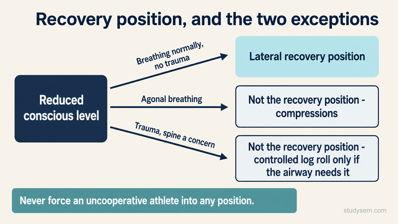 A three-branch chart from a reduced conscious level. Breathing normally with no trauma leads to the lateral recovery position. Agonal breathing leads to not the recovery position but compressions. Trauma with a spine concern leads to not the recovery position but a controlled log roll only if the airway needs it. A strip beneath states never to force an uncooperative athlete into any position.