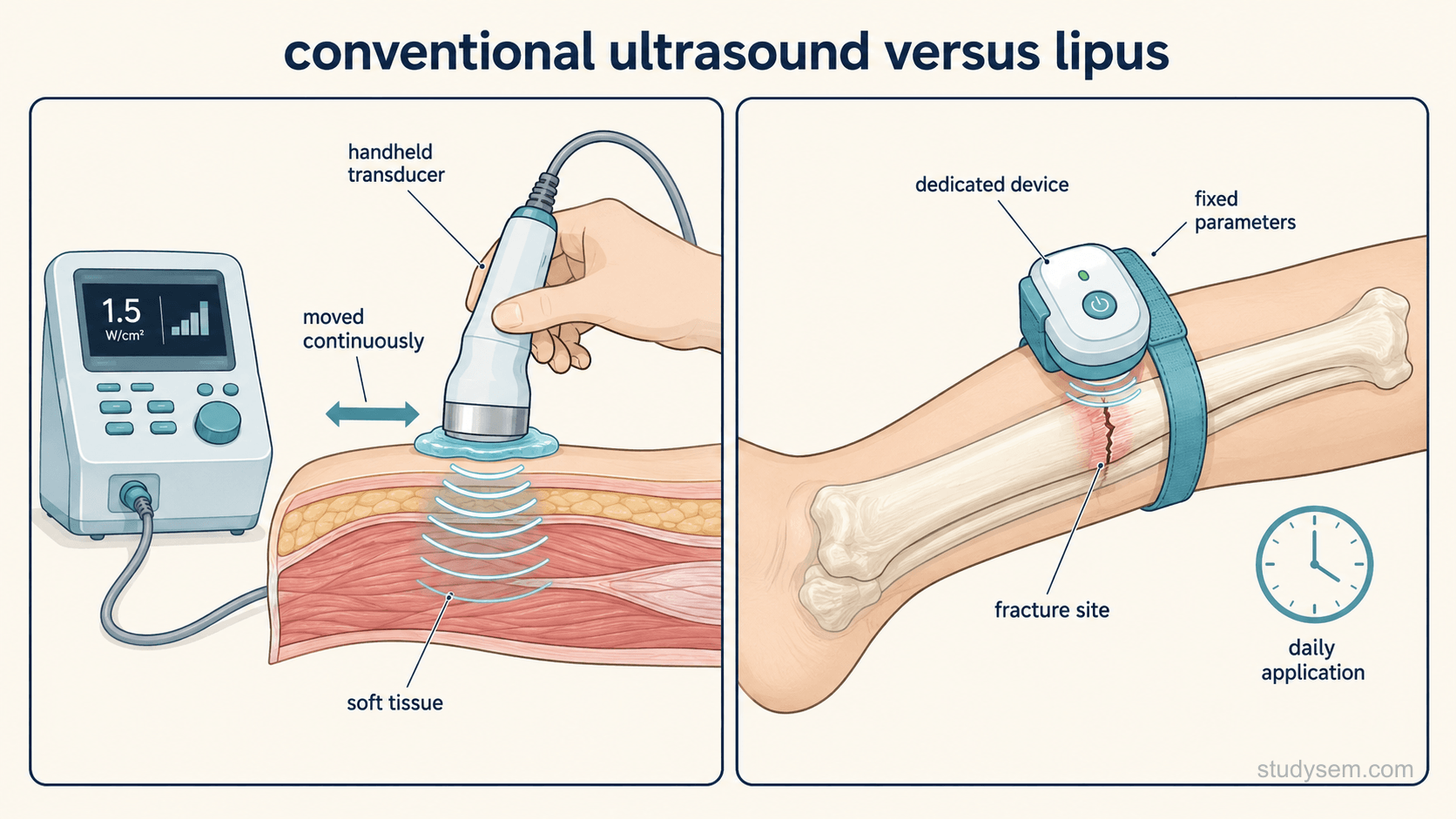 Two clearly separated panels on a cream background. The left panel shows a physiotherapy ultrasound machine with a handheld transducer being moved over soft tissue on a limb, labelled conventional therapeutic ultrasound and soft tissue. The right panel shows a small dedicated device strapped over a fracture site on a long bone, with the bone drawn anatomically accurately showing a fracture line, labelled low-intensity pulsed ultrasound and bone healing, with a small clock symbol indicating daily use. Labels only: handheld transducer, moved continuously, soft tissue, dedicated device, fixed parameters, fracture site, daily application.