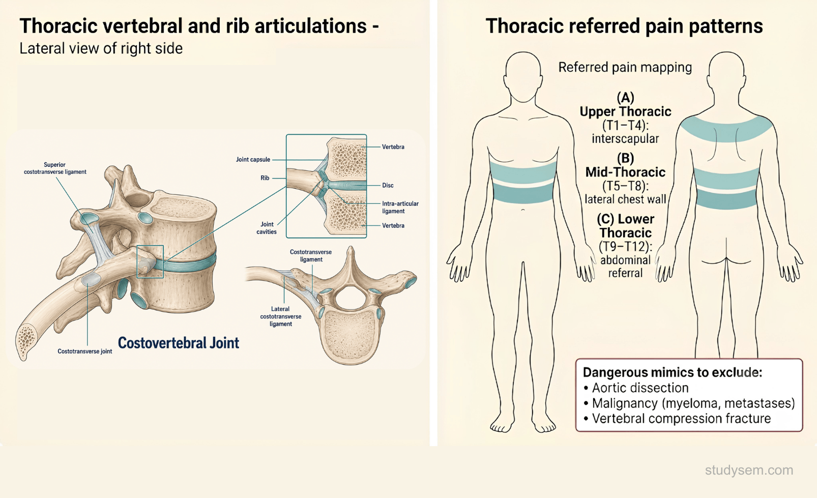 Thoracic spine anatomy showing the costovertebral and costotransverse joints, with characteristic referred pain patterns to the anterior chest wall and abdominal wall that can mimic cardiac, pleuritic, or visceral pathology