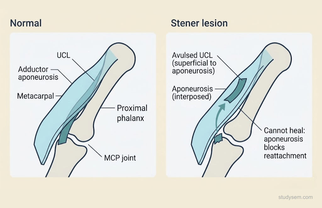 Two-panel comparison showing normal thumb UCL anatomy versus Stener lesion where the avulsed UCL is displaced proximal to the adductor aponeurosis preventing healing.