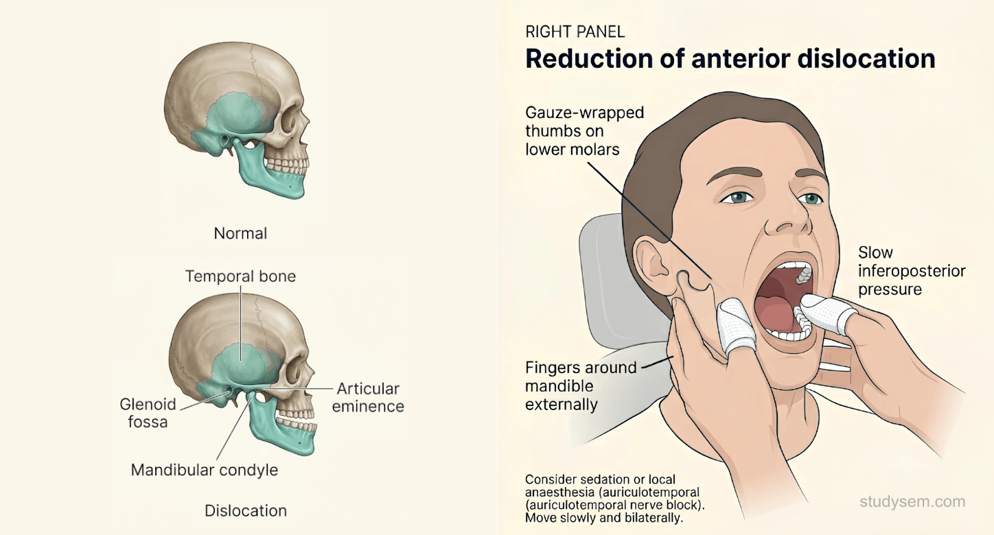Sagittal TMJ anatomy showing the condyle, glenoid fossa, articular disc, superior and inferior compartments, and articular eminence, paired with a diagram of the reduction technique for anterior dislocation - gauze-wrapped thumbs on the lower molars with slow inferoposterior pressure to disengage the condyle from above the eminence and walk it back into the fossa