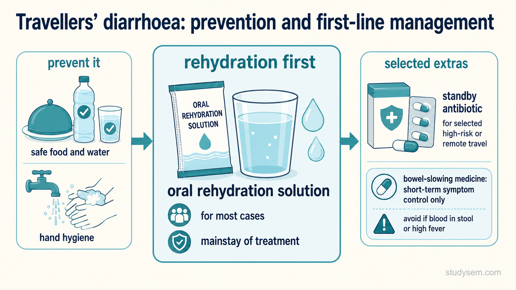 A figure of travellers' diarrhoea prevention and first-line management. Prevention rests on safe food and water and hand hygiene. Rehydration comes first, with oral rehydration solution the mainstay of treatment for most cases. Selected extras include a standby antibiotic for selected high-risk or remote travel, and a bowel-slowing medicine for short-term symptom control only, avoided if there is blood in the stool or a high fever.