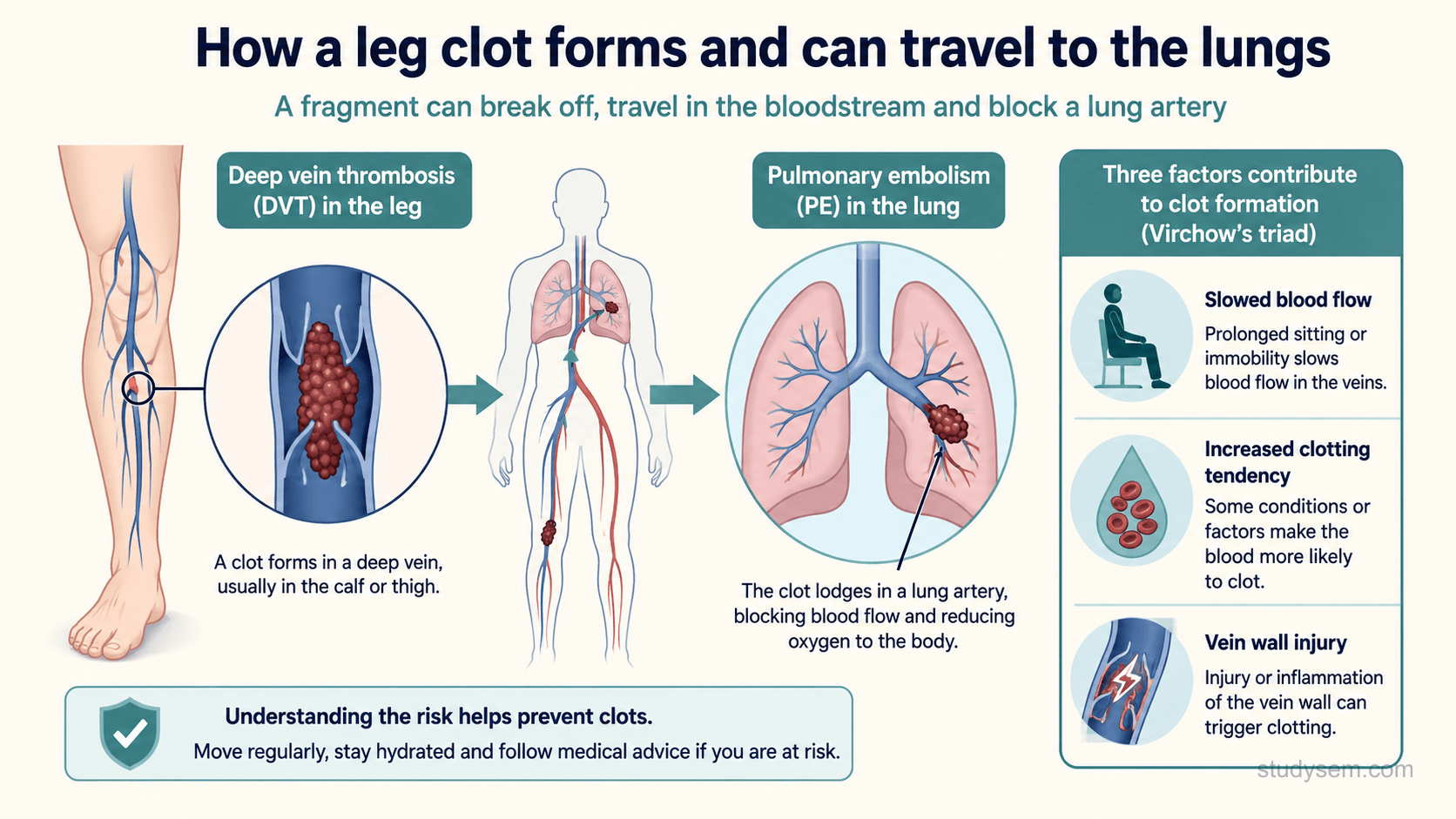 A schematic of how a deep vein clot forms in the leg and can travel to the lungs. A clot forms in a deep vein, usually in the calf or thigh, as a deep vein thrombosis, and a fragment can break off, travel in the bloodstream and lodge in a lung artery as a pulmonary embolism, reducing oxygen to the body. Three factors contribute to clot formation, known as Virchow's triad: slowed blood flow from prolonged sitting or immobility, an increased tendency of the blood to clot, and injury or inflammation of the vein wall.