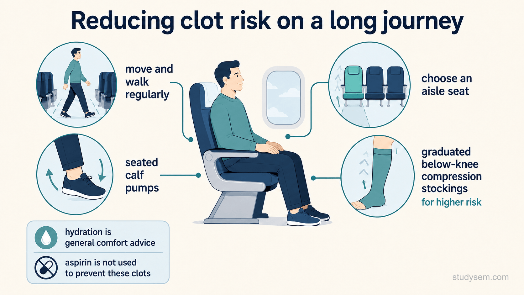 A figure of simple measures that reduce clot risk on a long journey: moving and walking regularly, doing seated calf pumps, choosing an aisle seat, and, for those at higher risk, wearing graduated below-knee compression stockings. Hydration is general comfort advice, and aspirin is not used to prevent these clots.
