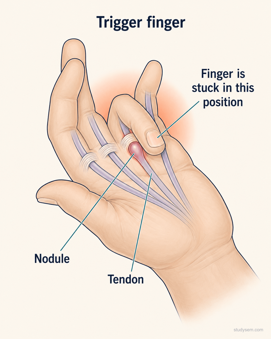 Sagittal section of a finger showing nodular thickening of the flexor tendon catching at the A1 pulley during flexion causing the trigger mechanism.