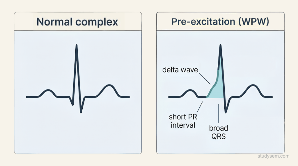 Diagram comparing a normal electrocardiogram complex with a pre-excited Wolff-Parkinson-White complex, which shows a short PR interval, a slurred delta wave and a broad QRS.